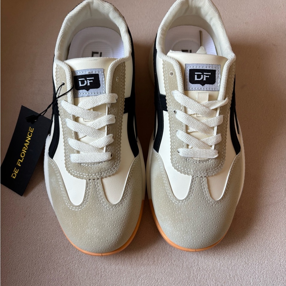 Cream and Black Low-Top Sneakers with Suede Accents